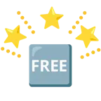 funkelnder Stern + Wort „Free“ in blauem Quadrat