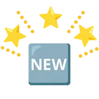 funkelnder Stern + Wort „New“ in blauem Quadrat