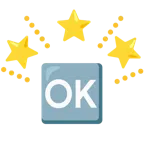 funkelnder Stern + Großbuchstaben OK in blauem Quadrat