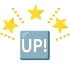 funkelnder Stern + Schriftzug „UP!“ im blauen Quadrat