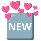 Herz mit Pfeil + Wort „New“ in blauem Quadrat