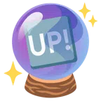 Kristallkugel + Schriftzug „UP!“ im blauen Quadrat