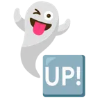 Gespenst + Schriftzug „UP!“ im blauen Quadrat