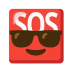 cara sonriendo con gafas de sol + símbolo de socorro