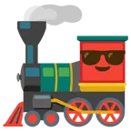 cara sonriendo con gafas de sol + locomotora de vapor
