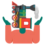 persona encogida de hombros + locomotora de vapor