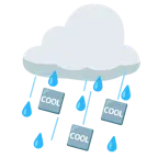 Wolke mit Regen + Wort „Cool“ in blauem Quadrat