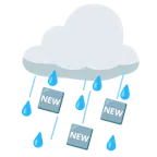 Wolke mit Regen + Wort „New“ in blauem Quadrat