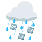 Wolke mit Regen + Großbuchstaben OK in blauem Quadrat