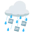Wolke mit Regen + Schriftzug „UP!“ im blauen Quadrat
