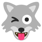Wolf + zwinkerndes Gesicht mit herausgestreckter Zunge
