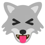 Wolf + Gesicht mit herausgestreckter Zunge und zusammengekniffenen Augen