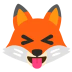 Fuchs + Gesicht mit herausgestreckter Zunge und zusammengekniffenen Augen