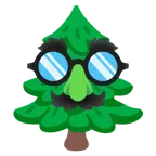 cara disfrazada + árbol de hoja perenne
