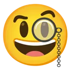 visage souriant avec de grands yeux + visage avec un monocle