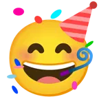 grinning face with smiling eyes + partying face