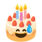 grinning face with sweat + birthday cake