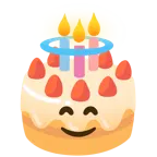 cara sonriendo con aureola + tarta de cumpleaños