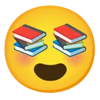 وجه مبتسم مع عينين على شكل قلب + كتب