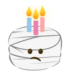 cara con la cabeza vendada + tarta de cumpleaños