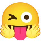 cara con manos abrazando + cara sacando la lengua y guiñando un ojo