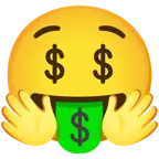 cara con manos abrazando + cara con lengua de dinero
