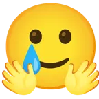 cara con manos abrazando + cara sonriente con lágrima