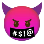 face with symbols on mouth + smiling face with horns