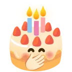cara con mano sobre la boca + tarta de cumpleaños