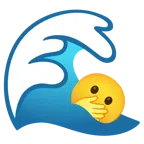 Welle + Gesicht mit offenen Augen und Hand über dem Mund