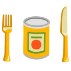 จานพร้อมส้อมและมีด + อาหารกระป๋อง