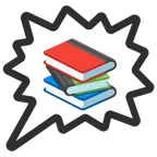 Sprechblase für wütende Aussage rechts + Bücherstapel
