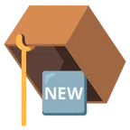 Mausefalle + Wort „New“ in blauem Quadrat