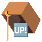 Mausefalle + Schriftzug „UP!“ im blauen Quadrat