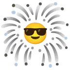 cara sonriendo con gafas de sol + fuegos artificiales