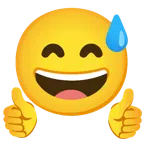 pulgar hacia arriba + cara sonriendo con sudor frío