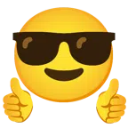 pulgar hacia arriba + cara sonriendo con gafas de sol