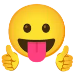 pulgar hacia arriba + cara sacando la lengua