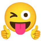pulgar hacia arriba + cara sacando la lengua y guiñando un ojo