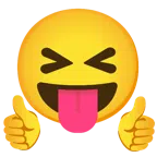 pulgar hacia arriba + cara con ojos cerrados y lengua fuera