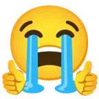 pulgar hacia arriba + cara llorando fuerte