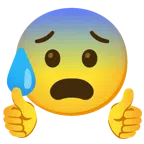 pulgar hacia arriba + cara con ansiedad y sudor