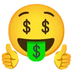 pulgar hacia arriba + cara con lengua de dinero