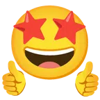 pulgar hacia arriba + cara sonriendo con estrellas