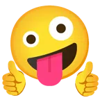 pulgar hacia arriba + cara de loco