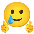 pulgar hacia arriba + cara sonriente con lágrima