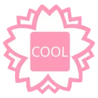Blumenstempel + Wort „Cool“ in blauem Quadrat
