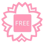 Blumenstempel + Wort „Free“ in blauem Quadrat