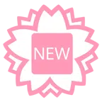 Blumenstempel + Wort „New“ in blauem Quadrat