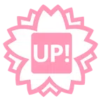 Blumenstempel + Schriftzug „UP!“ im blauen Quadrat